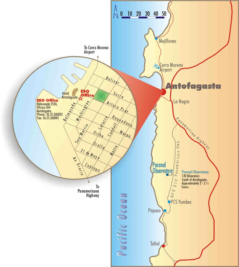 Mappa del Cile con il sito dell'Osservatorio Paranal